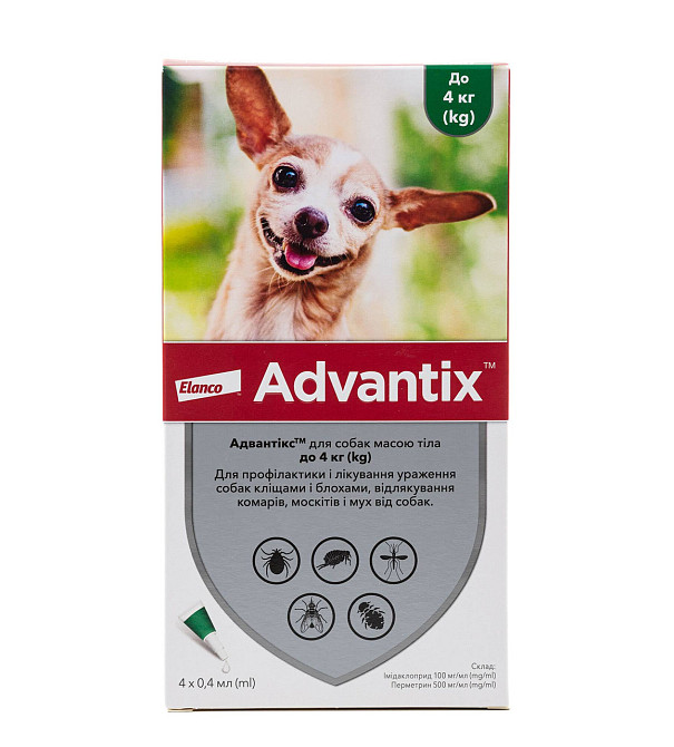 Адвантикс капли для собак весом до 4 кг (4 пипетки по 0.4 мл) Elanco Винница - изображение 1