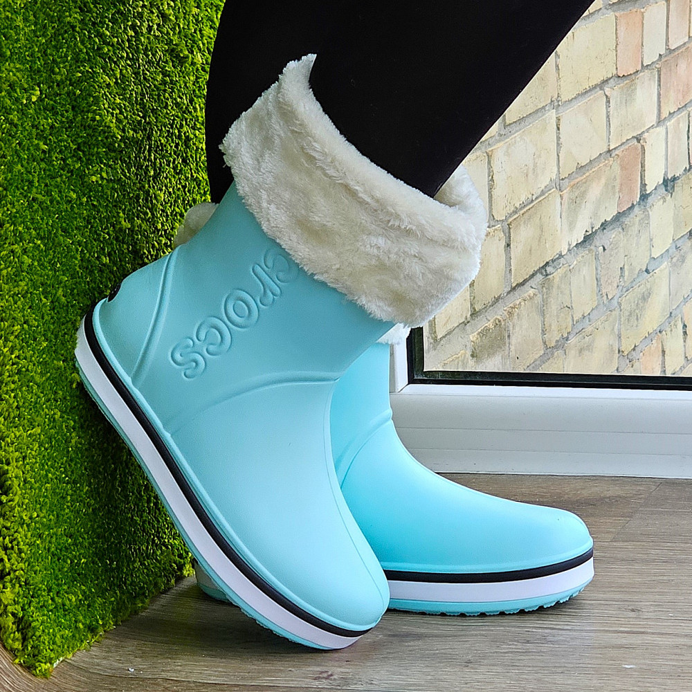 Жіночі Гумові Напівчоботи Блакитні CROCS Бірюзові Чоботи Крокси Теплі Зимові (розміри: 36,37,38,39,40,41) — Дніпро - фото 1