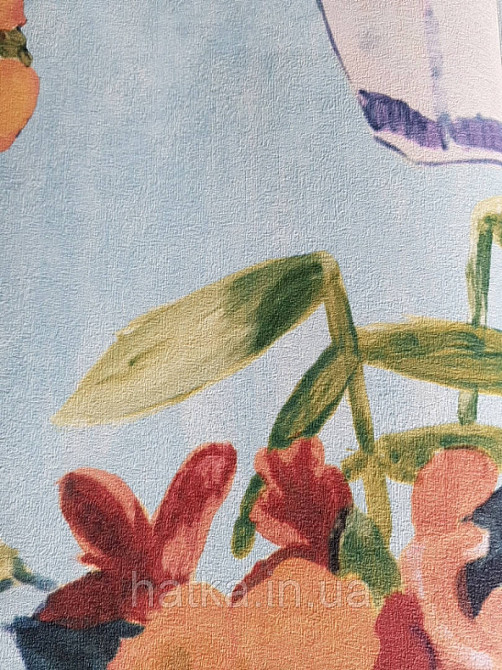 Шпалери вінілові Decoprint Breeze квіти у вазі помаранчеві червоні зелені на блакитному акварель 0.53х10 м Київ - фото 3