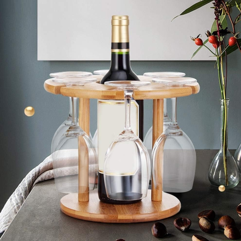 Тримач для пляшки вина та келихів 6 штук бамбукова стійка підставка настільна для винних келихів, 32х24,5 см Кам'янець-Подільський - фото 2