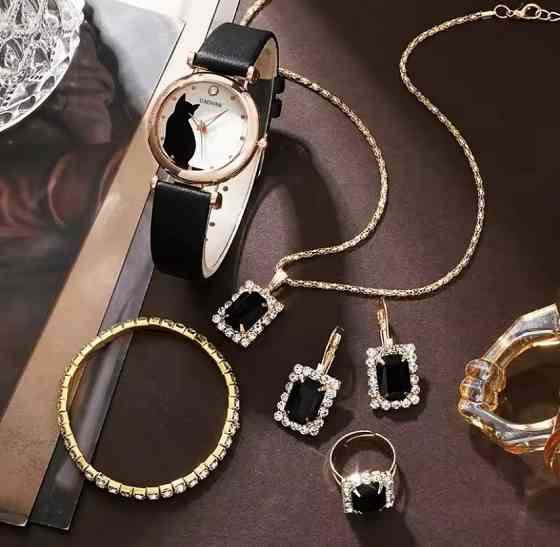 Подарочный набор для женщин Кот наручные часы браслет кольцо ожерелье и серьги без подарочной коробки черный Киев