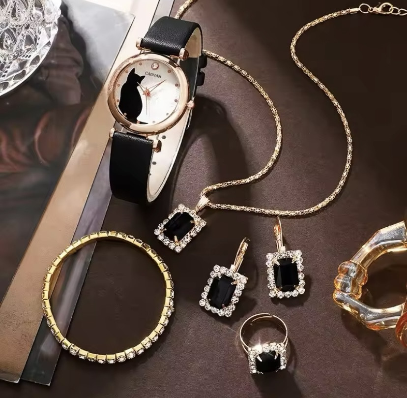 Подарочный набор для женщин Кот наручные часы браслет кольцо ожерелье и серьги без подарочной коробки черный Киев - изображение 2