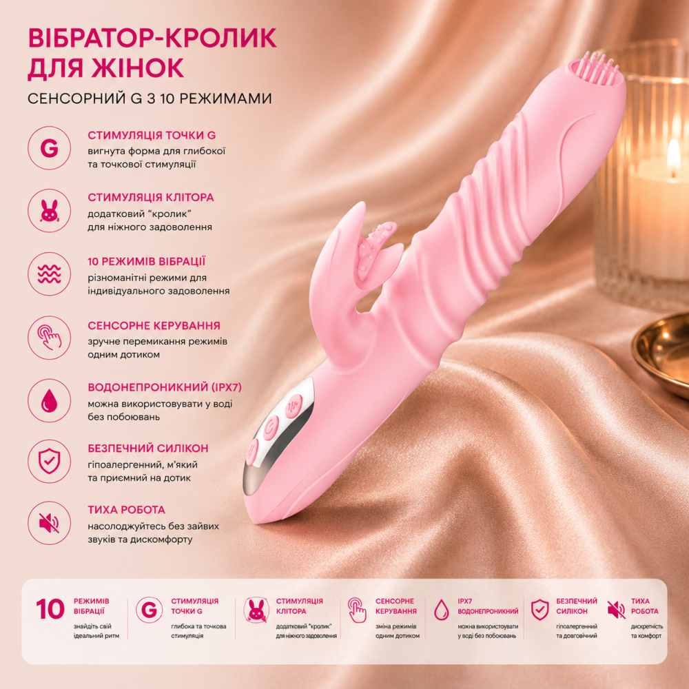 Вібратор-кролик-фалоімітатор для жінок, сенсорний вібратор для дорослих, секс-іграшка для точки G з 3 телескопічними та 10 режимам Київ - фото 8