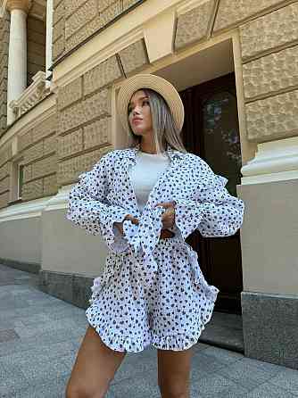 Жіночий принтований костюм-двійка: сорочка та шорти з натурального мусліну Білий 2, 48/50 Одеса