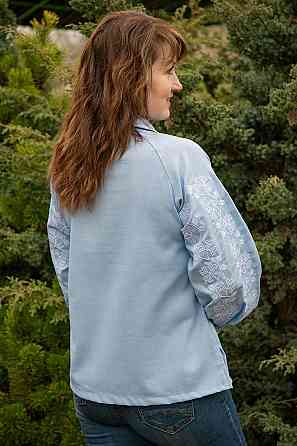 Вышиванка женская, льняная, голубая, с длинным рукавом, топ Киев