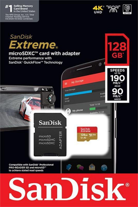 Картка пам'яті MicroSDXC 128 GB C10 UHS-I SanDisk Extreme V30 U3 R190/W90MB/s + SD (SDSQXAA-128G-GN6MA) 128 ГБ Харків - фото 2