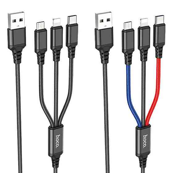 Кабель HOCO X76 USB to iP+Type-C+Micro 2A, 1m, nylon, aluminum connectors Black+Red+Blue Киев