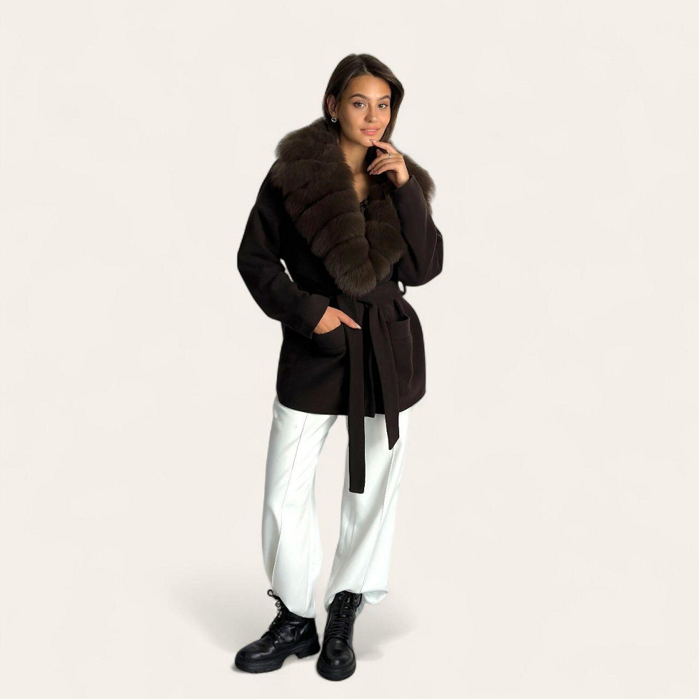 Женское пальто с меховым воротником Шоколадный, 42 Харьков - изображение 2