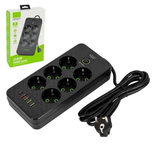 Сетевой фильтр удлинитель 2м 6 розеток та 5 USB QC PD 10А 2.5кВт EU-2506PD Винница