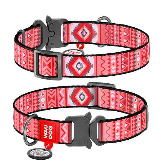 Нашийник для собак нейлоновий WAUDOG Nylon з QR паспортом, малюнок "Етно червоний", металічна п Коломыя