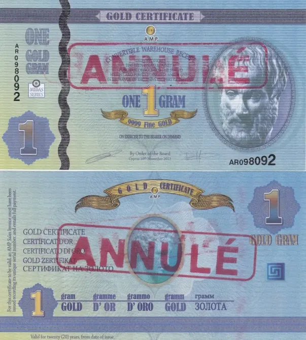 Кіпр AMP — 1 грам золотого сертифіката Annule 2011 — UNC Полтава - фото 1