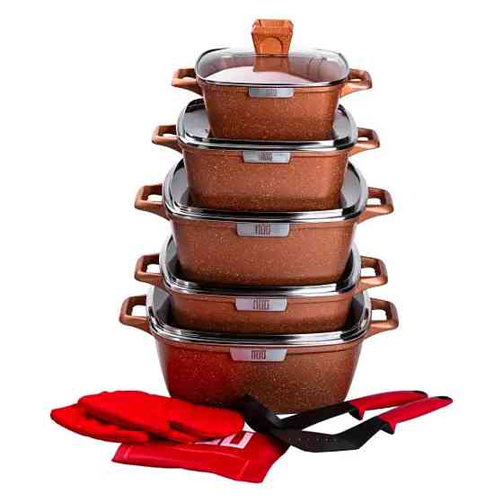 MGC Набір з 5 алюмінієвих квадратних каструль з товстим дном MGC + лопатка, ополоник, рукавички Київ