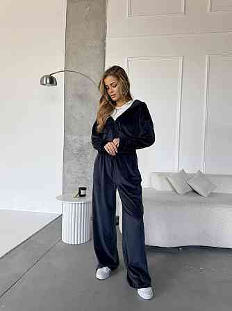 Женский повседневный костюм двойка: кофта и штаны велюр Синий, 42/44 Одесса