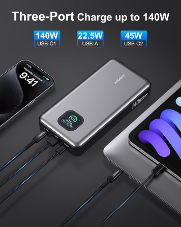 Power Bank Ansody 140W 25000mAh PD 3.1: Швидка зарядка для MacBook, iPhone 16/17 та Steam Deck, Smart-дисплей, Сріблястий Уцінка Київ