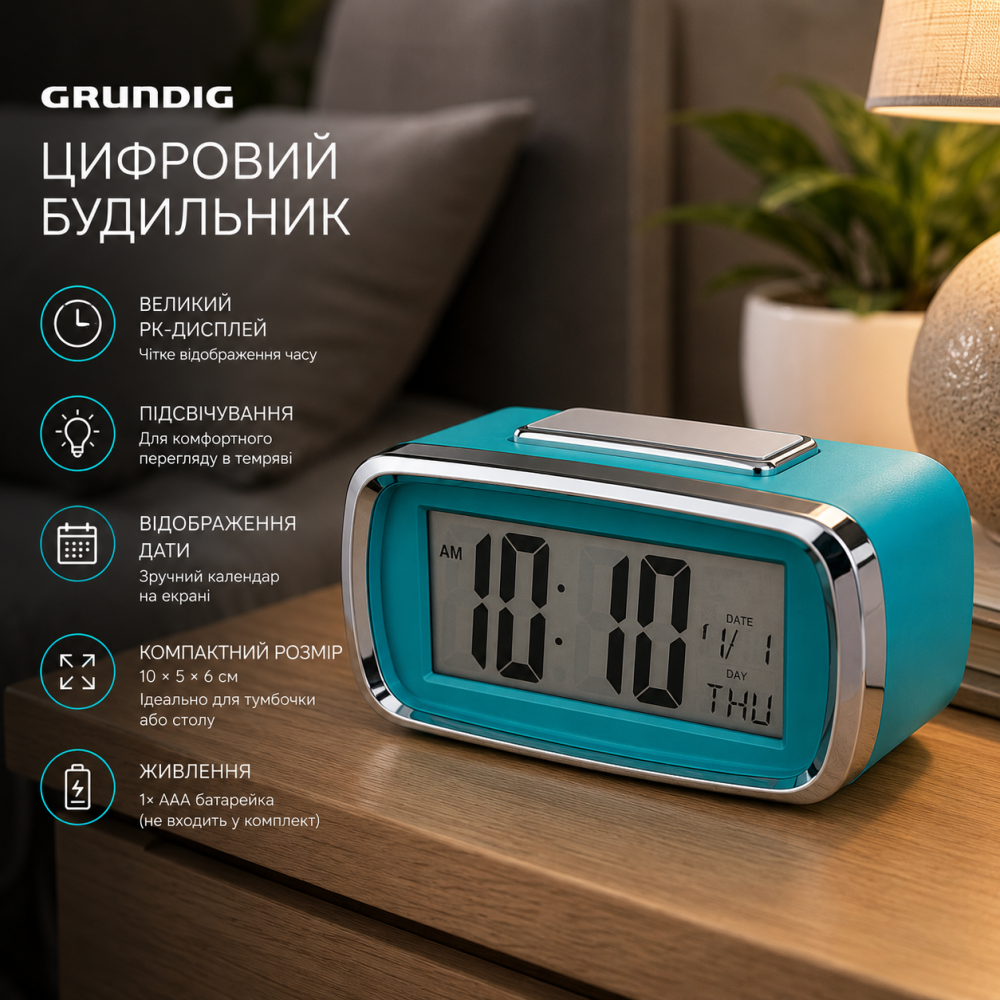 Уценка Цифровой будильник Grundig с ЖК-дисплеем, подсветкой, датой, 10×5×6 см, бирюзовый Киев - изображение 4