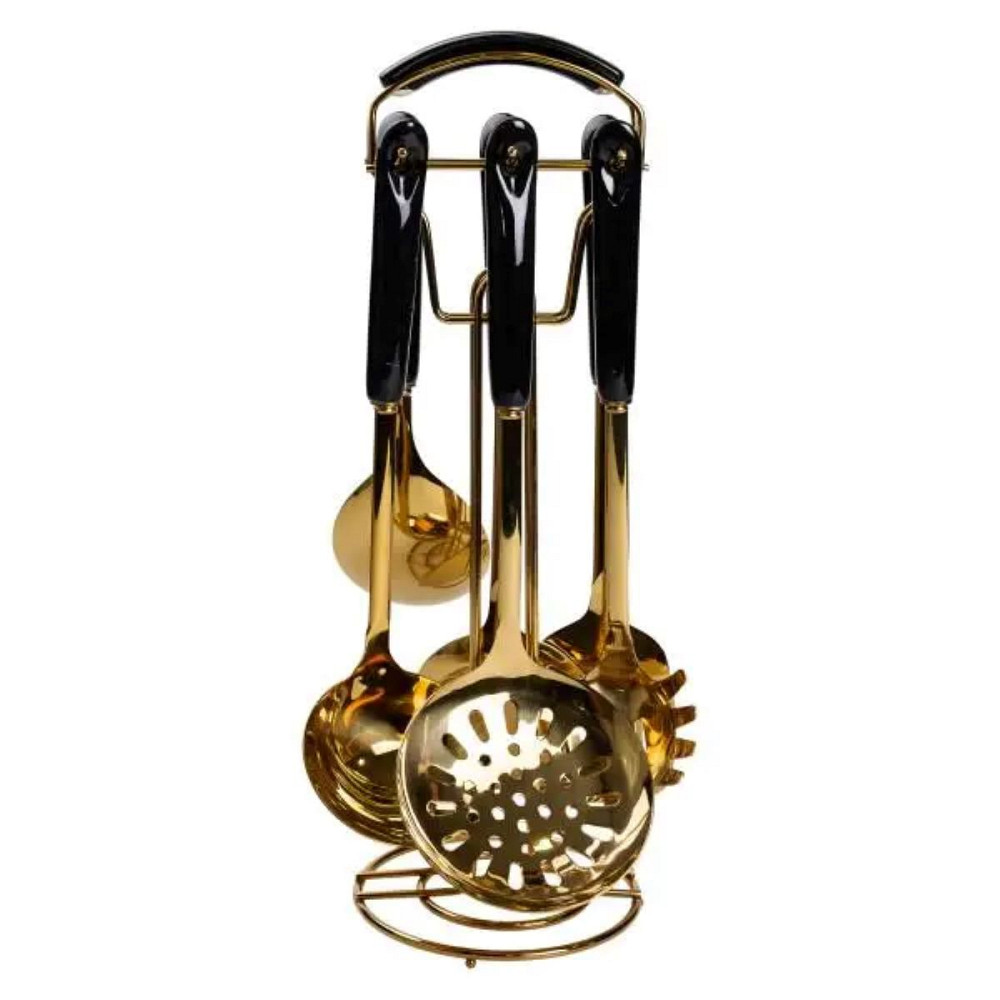 Набір кухонного приладдя на підставці 7 предметів кухонні аксесуари на підставці Чорний із золотом HP-20-66 Коломия - фото 3
