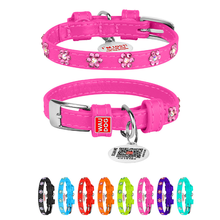 Нашийник для собак шкіряний WAUDOG Glamour з QR паспортом, з клейовими стразами "Квіти", Ш 12 м Коломия - фото 1