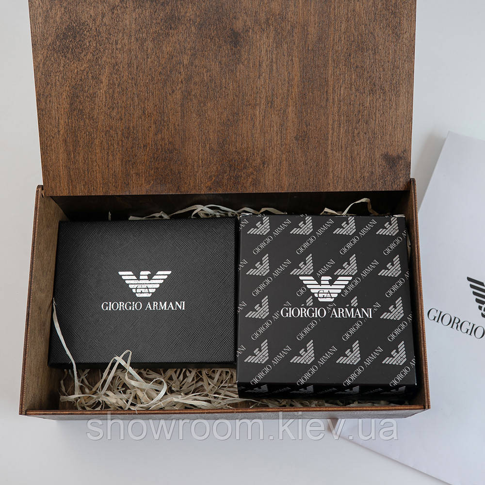 Чоловічий подарунковий набір гаманець і ремінь в дерев'яний ящик Armani (303) Київ - фото 2