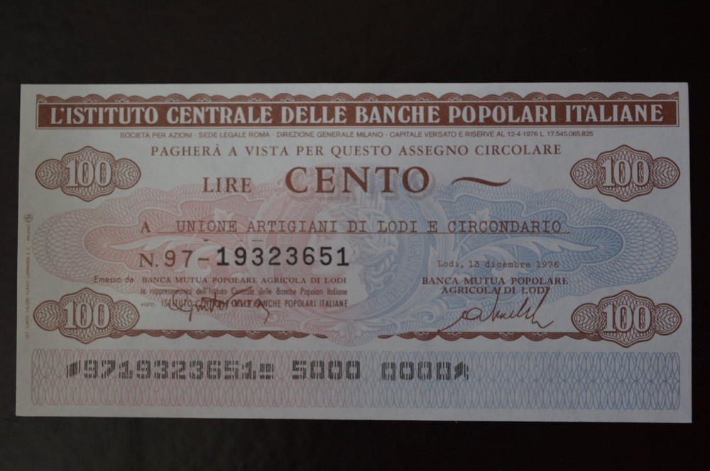 Чек. Италия 100 Лир 1976год (ЧК-1) ЛОТ 14 Полтава - изображение 1