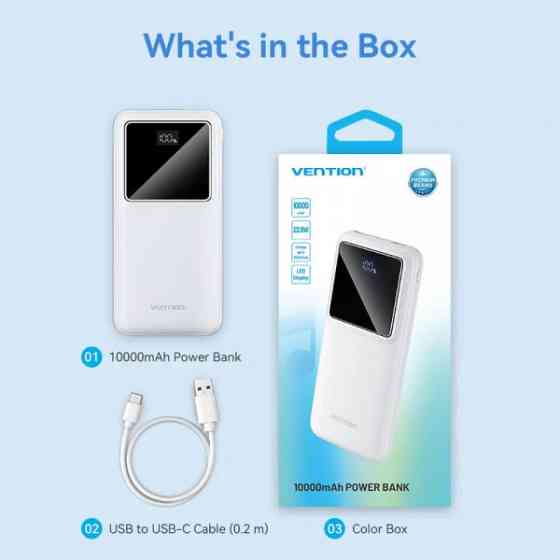УМБ Vention 10000mAh 22.5W 3A PD,QC3.0, Micro-USB,USB-C,2xUSB-A, LED Display,White Киев