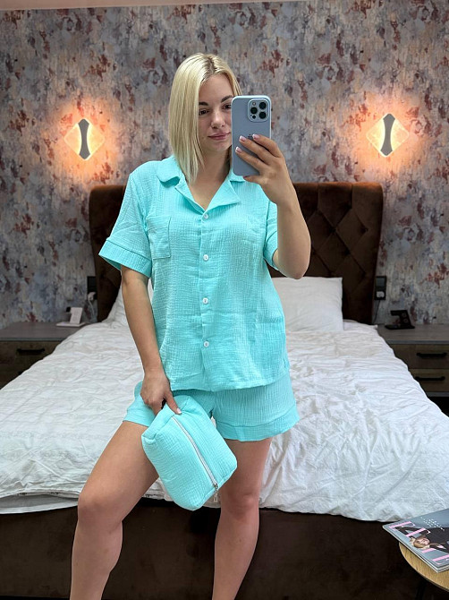 Женская пижама двойка + косметичка из натуральной ткани муслин Бирюза, 46/48 Одесса - изображение 1