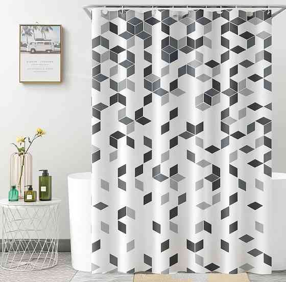 Шторка для ванної та душу 180x180 см водостійка, шторка для ванної кімнати з кільцями і гачками, біла з сірим принтом Кам'янець-Подільський