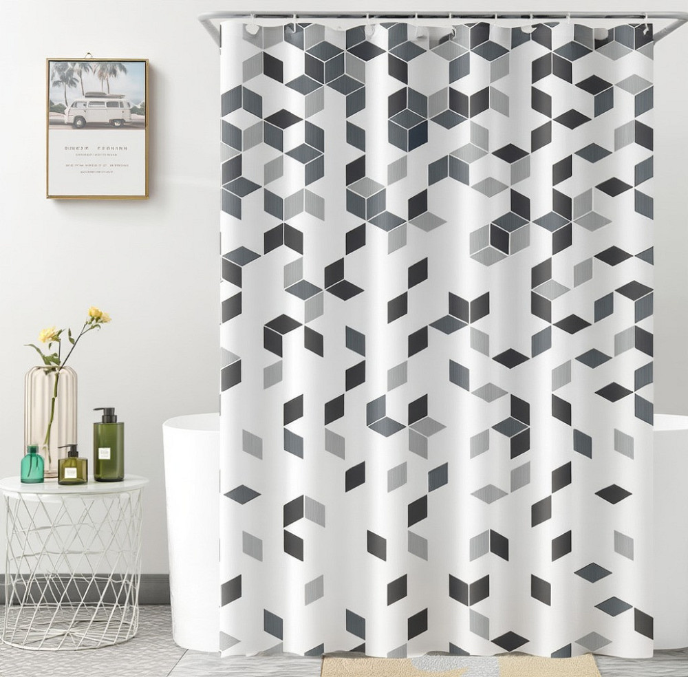 Шторка для ванної та душу 180x180 см водостійка, шторка для ванної кімнати з кільцями і гачками, біла з сірим принтом Кам'янець-Подільський - фото 1