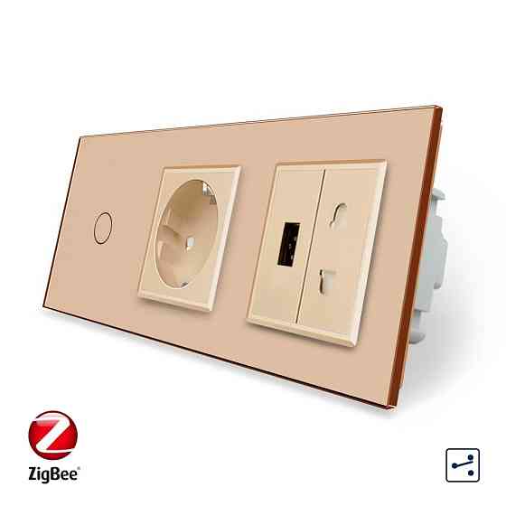 Розумний сенсорний прохідний/перехресний вимикач 1 сенсор 1 розетка 1 USB 1 розетка універсальна Livolo золотий скло (VL-C701SZC1EU1USBC1A-13) Коломия