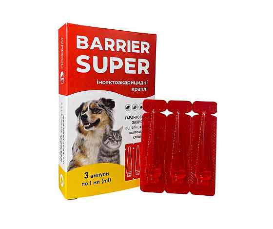 Краплі Бар'єр супер для собак і котів вагою від 2 до 10 кг (3 ампули х 1 мл) Вінниця