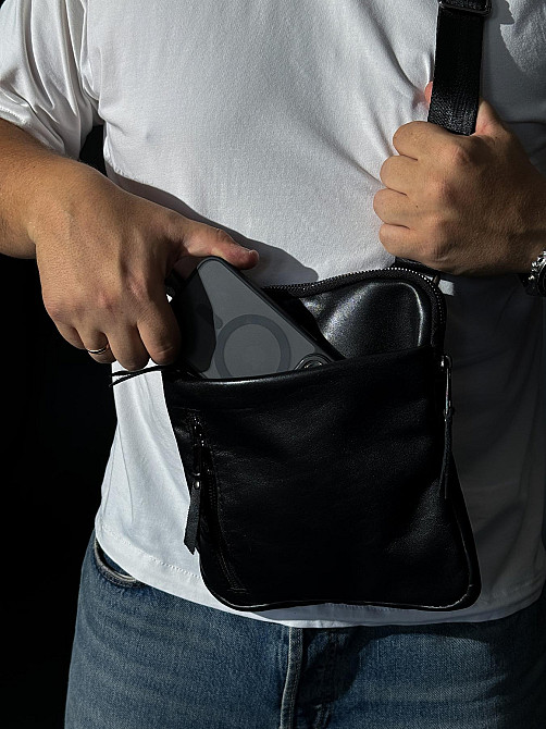 Сумка-мессенджер из натуральной гладкой кожи, сумка через плечо мужская SKILL (Черная) Сумы - изображение 5