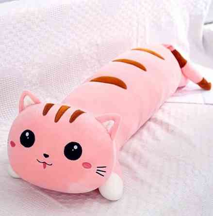 Кіт батон рожевий 50 см — м'яка іграшка подушка обіймашка, довгий плюшевий кіт голова антистрес Київ
