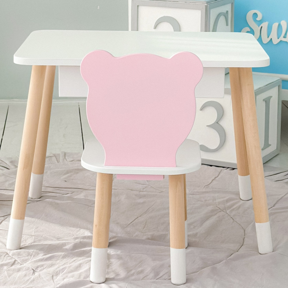 Стол прямоугольный с ящиком 46х60х45 и стул мордочка медвежонка 26х26х24, столик и стульчик для детской комнаты, белый с розовым Каменское - изображение 12