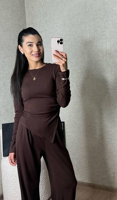 Женский базовый прогулочный костюм двойка: лонгслив и штаны вискоза Шоколадный, 44/46 Одесса - изображение 2