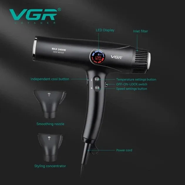 Професійний фен VGR V-469: BLDC 110k об/хв, 2400 Вт, 4 теми / 4 обдування, 2 насадки, кабель 2.5 м Одеса - фото 8