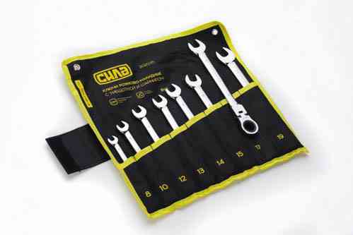 Набір комбінованих ключів з тріскачкою та шарніром CrV 8-19 мм у чохлі, 8 шт, СИЛА Харків