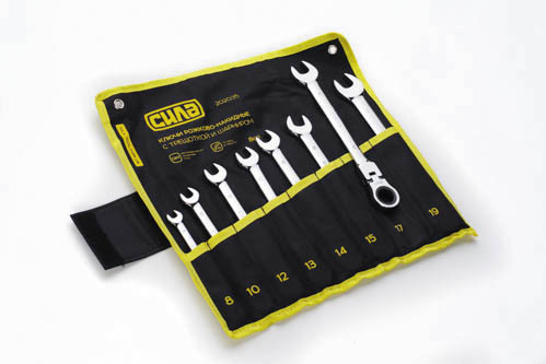 Набір комбінованих ключів з тріскачкою та шарніром CrV 8-19 мм у чохлі, 8 шт, СИЛА Харків - фото 1