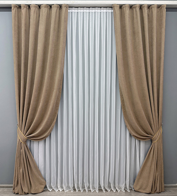 Комплект готових штор VR-Textil Мікровелюр Petek YL № 1701ш Капучино 150х295 см 2 шт (33-0602) Київ - фото 2