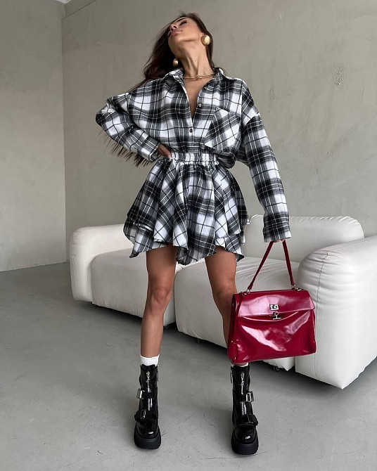 Женский стильный оверсайз костюм двойка: рубашка и юбка в клетку турецкая фланель Черный Одесса - изображение 1