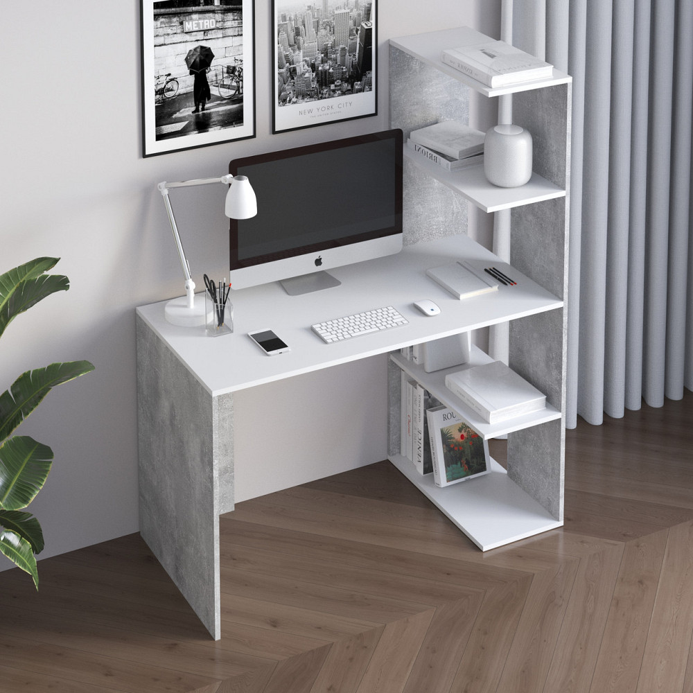 Комп’ютерний стіл VAYS M-17 Бетон-Білий, письмовий з боковим стелажем зправа, ЛДСП, 120×60×148 см - для дому, навчання, офісу Львів - фото 1