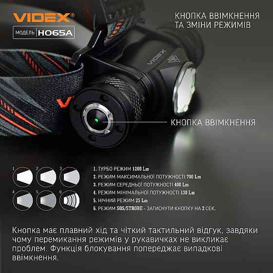 Ліхтарик LED налобний 1200Lm 5000К чорний VLF-H065A Videx Житомир