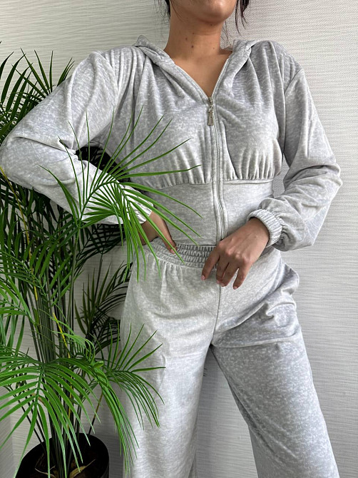 Женский стильный прогулочный костюм двойка: кофта и штаны велюр-плюш. Серый, 42/46 Одесса - изображение 1