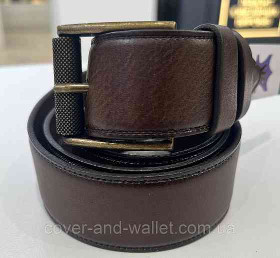 Чоловічий шкіряний ремінь під джинси із золотистою пряжкою в коричневому кольорі 40 мм PS Leather Київ
