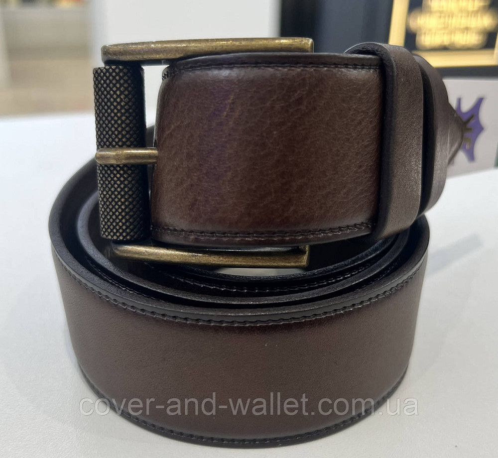 Мужской кожаный ремень под джинсы с золотистой пряжкой в коричневом цвете 40 мм PS Leather Киев - изображение 6