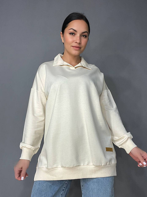 Свитшот женский My city 8054 удлиненный с воротничком разрезы по бокам оверсайз 48 , молочний, 48 Киев - изображение 1