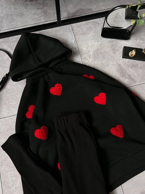 Женский теплый прогулочный костюм двойка с сердечками трехнить на флисе + ангора рубчик Черный, 50/52 Одесса - изображение 7