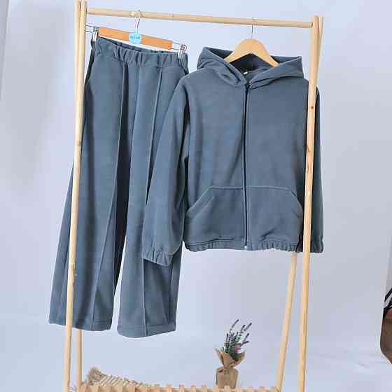 Дитячий теплий Флісовий термо костюм (спідниця з капюшоном + штани палаццо) оливковий 122 Кам'янець-Подільський