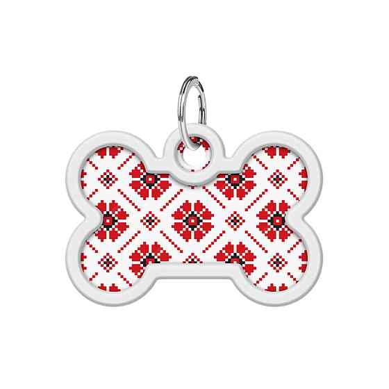 Адресник для собак і котів металевий WAUDOG Smart ID з QR-паспортом, малюнок "Вишиванка", кістка, Д 40 мм, Вінниця