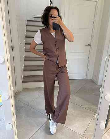 Жіночий легкий брючний костюм-трійка: жилет футболка та штани турецький натуральний льон + софт Моко, 50/52 Одеса