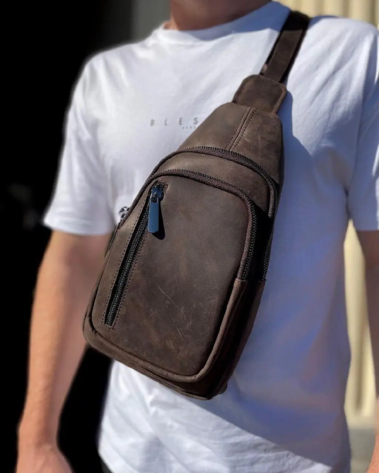 Мужской слинг из кожи 17х30х6, крейзи хорс для телефона 6349 коричневый Каменское - изображение 15