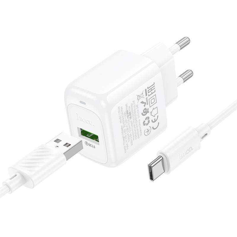 Мережевий зарядний пристрій з кабелем HOCO CS52A Surplus single-port QC3.0 charger set(Type-C) White Одеса - фото 3